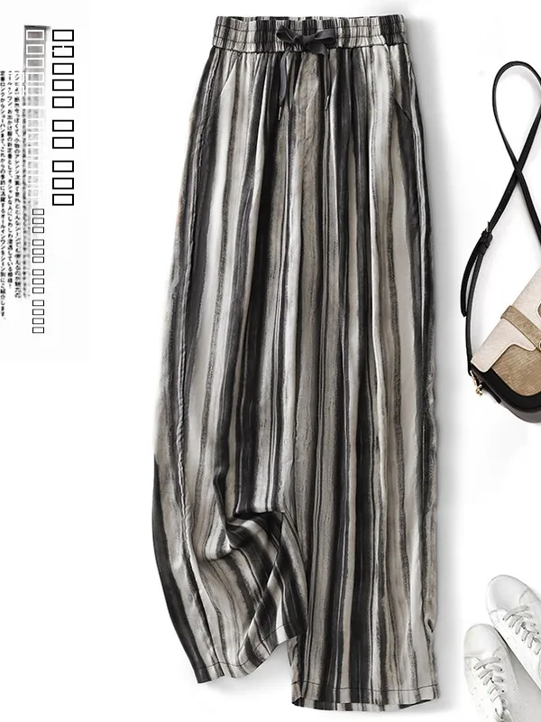 

Ice Silk Stripe Wide Leg Pants Women's Thin Loose Casual Straight Loose Summer Trousers High Waist Long Pants Retro Sle