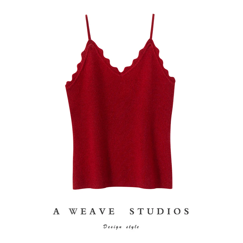 Women Cashmere Sweater Lace V-neck Camisole Vest Sleeveless Pullover Spring Fall All Season 100% Cashmere Knit Slim Waistcoat