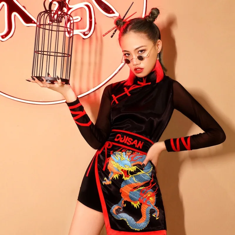 

Chinese Style Rave Clothes Gogo Dancer Outfit Black Bodysuit Shorts Hip Hop Dance Costume Kpop Street Wear Women Girl Group