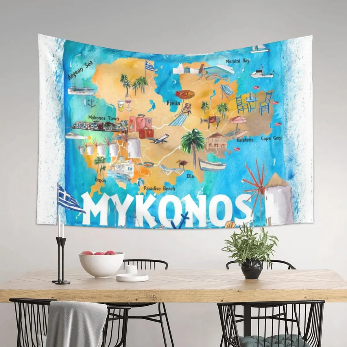 

Mykonos Greece Illustrated Map with Main Roads Landmarks and Highlights Tapestry Room Decor Tapestry