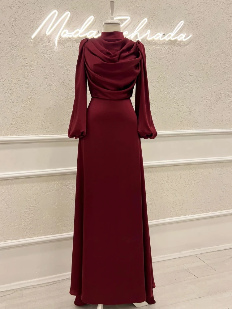 Vestido de noche de satén fruncido para mujer, manga acampanada, cuello alto, fruncido, Simple, Formal, para fiestas, 2023