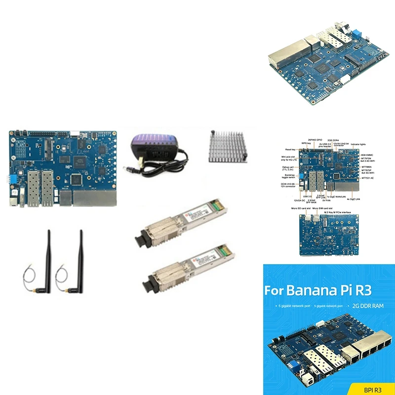 For Banana PI BPI-R3 MT7986 2G+8G EMMC 2XSFP Development Board+2X2.5G Cat Stick+Heat Sink+2Xantennas+Power Cable