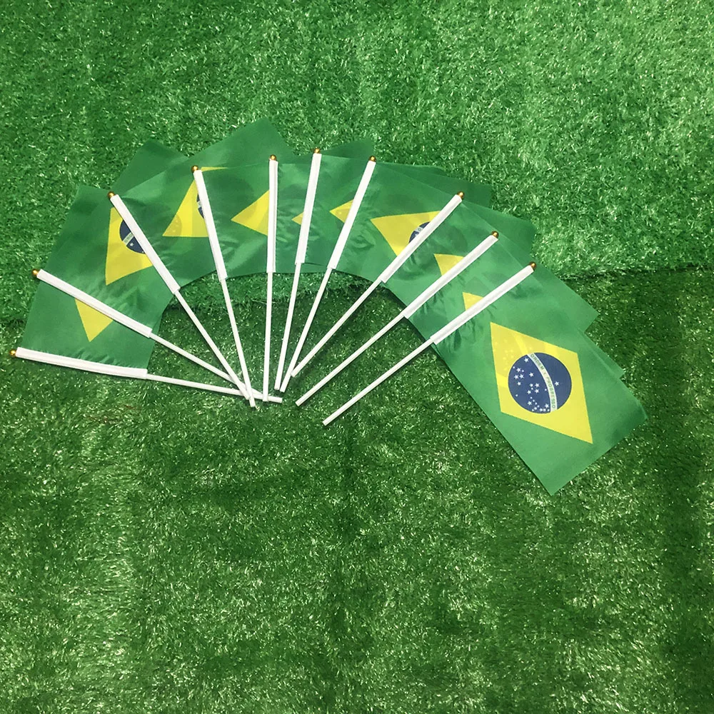 SKY FLAG Brazil hand flag 14x21cm 100pcs polyester double side penetration BR Brazil Brasil  hand waving Flag with plastic pole