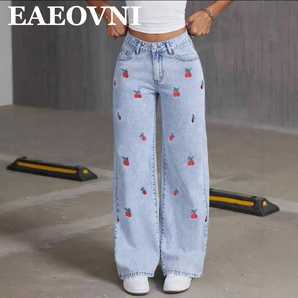 Women Vintage Fruit Printed Wide Leg Jeans, Loose Floor Length Denim Trousers, Retro Streetwear Casual Ladies Daily Pants