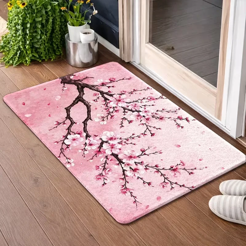 Watercolor Pink Cherry Blossom Branch Door Mat Non Slip Entrance Doormat Falling Sakura Petal Floral Pattern Floor Rug