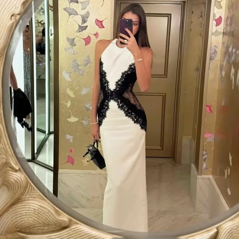 

Ticketsx Sexy Halter Neck Lace Patchwork Long Dress Solid See Through Backless Split Slim Dress Women Luxury Party Evening Dress