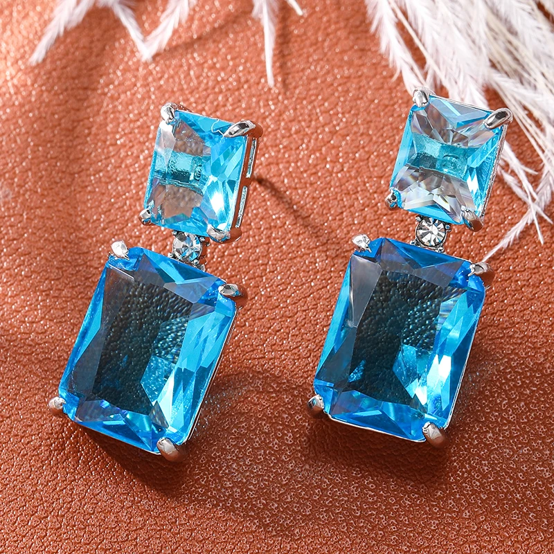 Luxurious Vintage Square Blue Zircon Pendant Earrings for Women Fashion Sophisticated Boho Party Wedding Favor Accessories