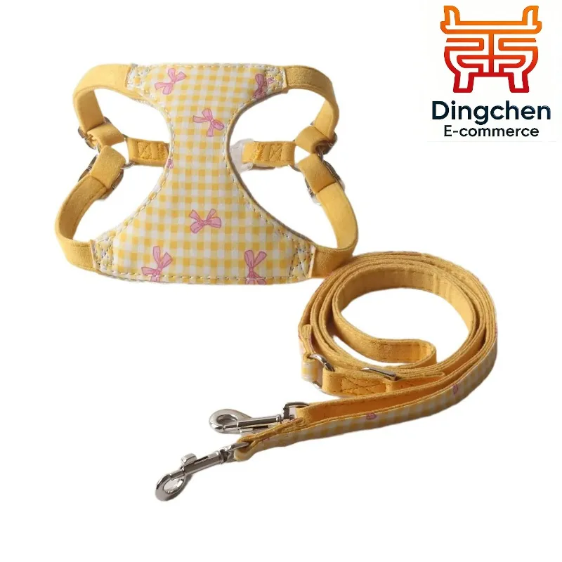 New Arrival Fresh Plaid Bowknot Pet Harness Set Adjustable Vest Walking Gear Accessories for Small Breed Dogs