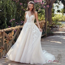 Customized Modest Spaghetti Strap Applique Wedding Dresses for Princess Sleeveless A Line Sweep Train Bridal Gowns Soft Tulle