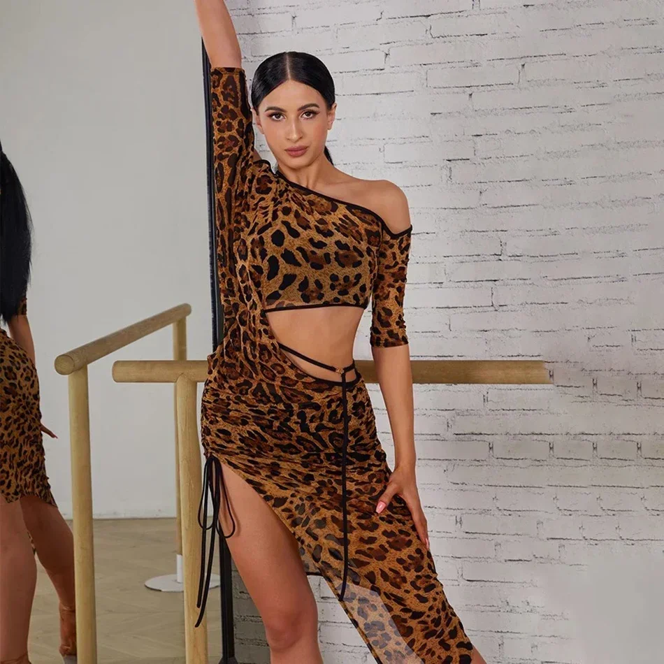 

Waist Hole and Half Sleeve Design Female Latin Dance Dress Women Performance Belly Modern Dancing Dresses NY60 2406