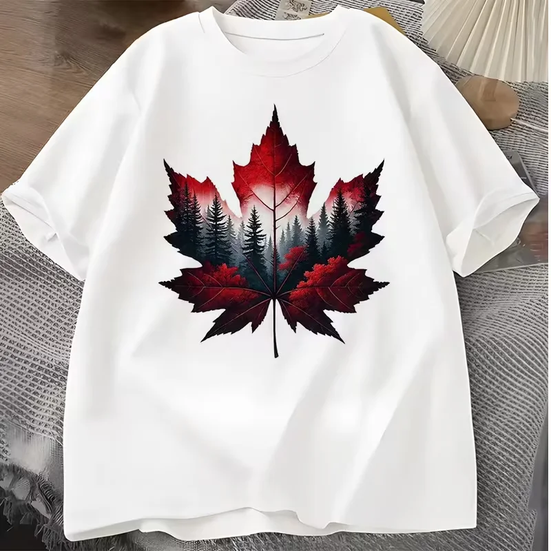 T-Shirt mit Ahornblatt-Print und kurzen Ärmeln für Damen und Herren, Kanada, Rundhalsausschnitt, vielseitiges, lässiges Grafik-Top, weißes, minimalistisches Y2k-Top – Detail 2