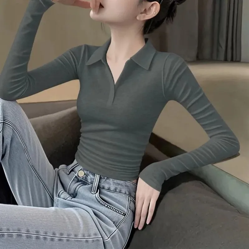 Women Polo Collar Long Sleeve T Shirt Side Ruched Slim Casual Knit Layering Top For Autumn Winter Daily Wear