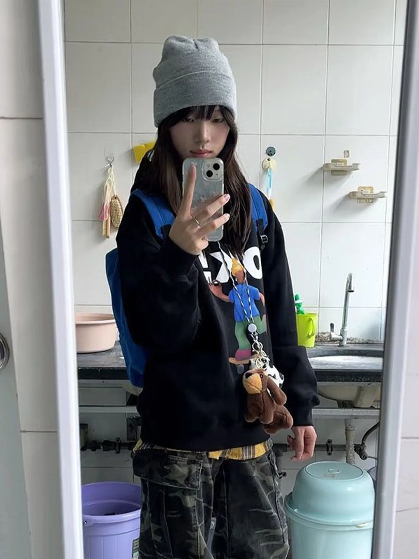 Herfst Winter Nieuwe Cartoon Print Hoodie Dames Casual Thiened Oversize Losse Lazy Sle Fce Gevoerde Lange Sve Top