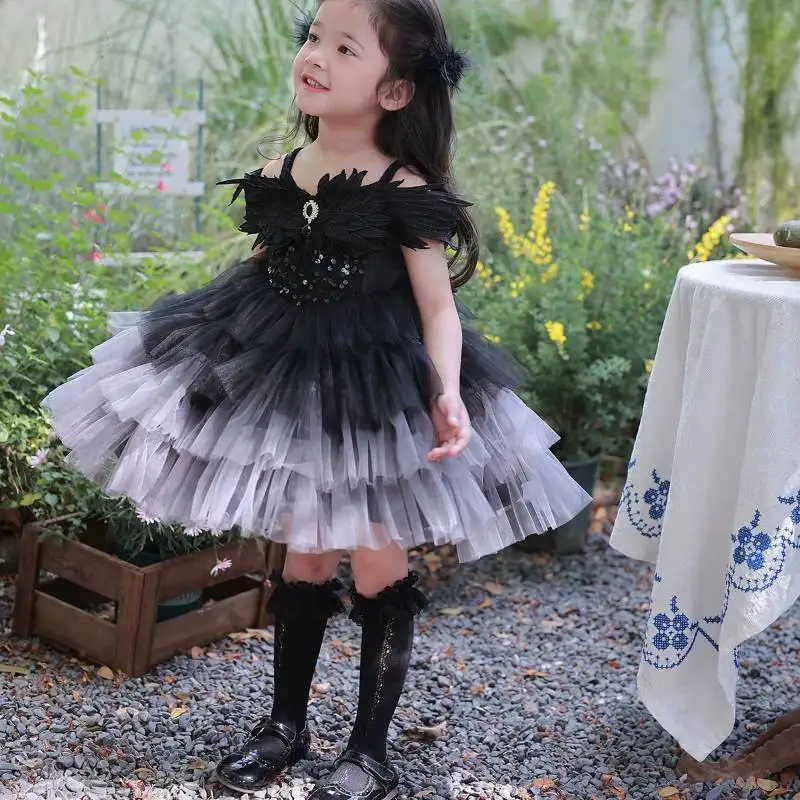 Schwarzes Gothic-Tutu-Kleid für Mädchen mit Flügel-Dekor, Pailletten, ärmellos, Ombre-Layer-Tüll, für Kinder, Halloween, Geburtstag, Party, Prinzessinnenkostüm – Detail 4