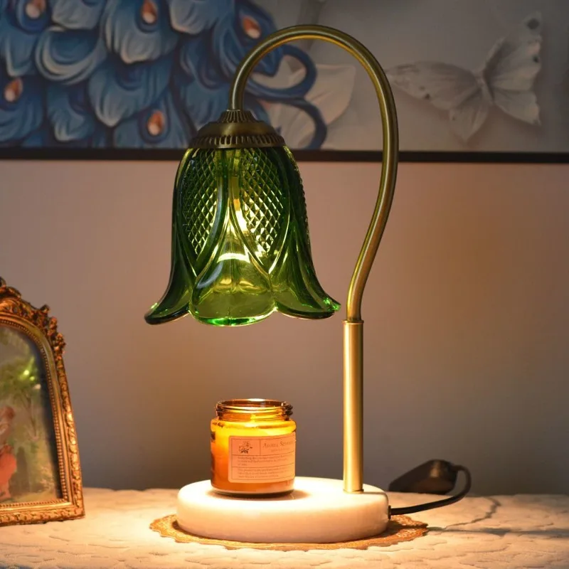 Lampada da scrivania in cera fusa per aromaterapia americana interamente in rame, paralume verde, giada, studio, camera da letto, comodino, luce ambientale