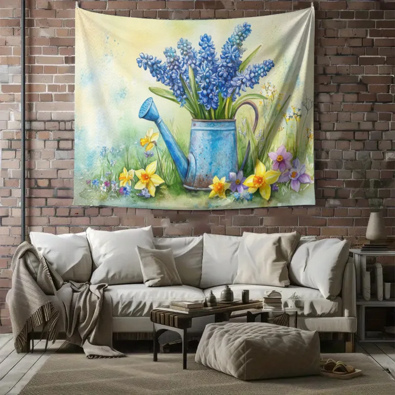 Watercolor Floral Wall Tapestry Cottagecore Spring Blue Flowers Botanical Art Home Decor Boho Nursery Decoration Hanging Poster