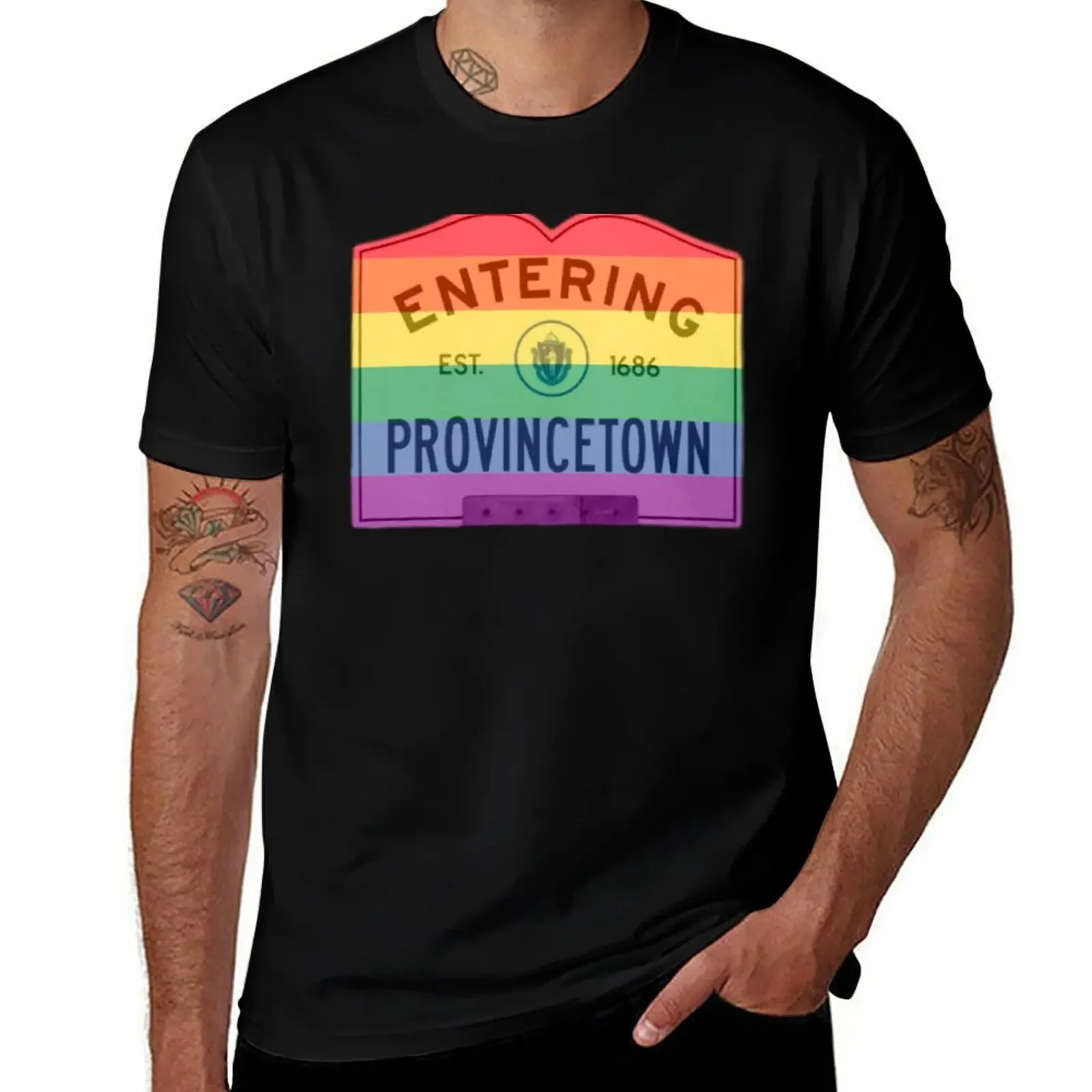 Entering Provincetown Rainbow Road Sign T-Shirt vintage t shirts luxury designer sports fans kawaii clothes cotton t shirt men