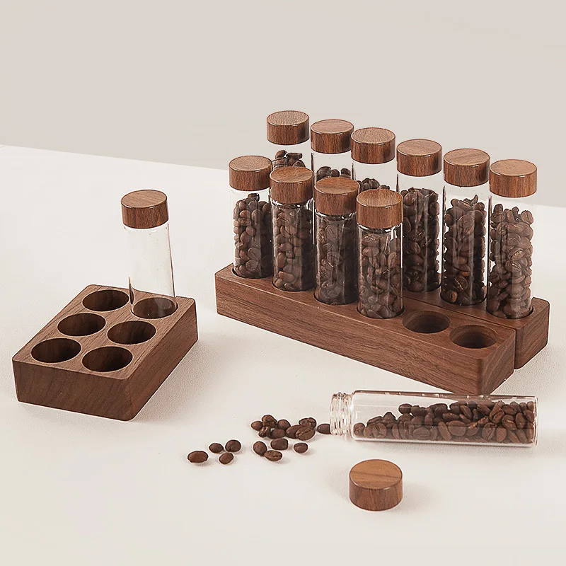 Coffee Beans Storage Tubes Glass Display Rack Coffee Tea Storage Container Walnut Coffee Tea Tube Bottle Coffee Accessories