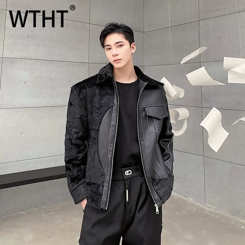 WTHT Trendy Men's Spliced Leather Design High Street Coats Fashion American Style Zipper Loose Jackets Male 2025 Autumn 2A1945