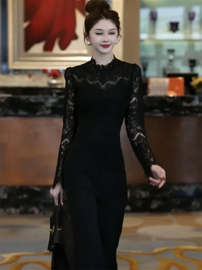 Ele Lace Trim High Waist Wide Leg Jumpsuit Women's Faion Spring Summer New round Ne See tough Splice Slim Fit One P...