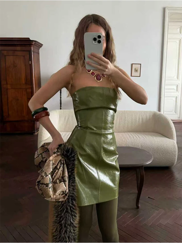 Sexy sem alças vestido de couro do plutônio para as mulheres moda bodycon sem costas vestido curto sexy clube festa vintage wear feminino vestidos