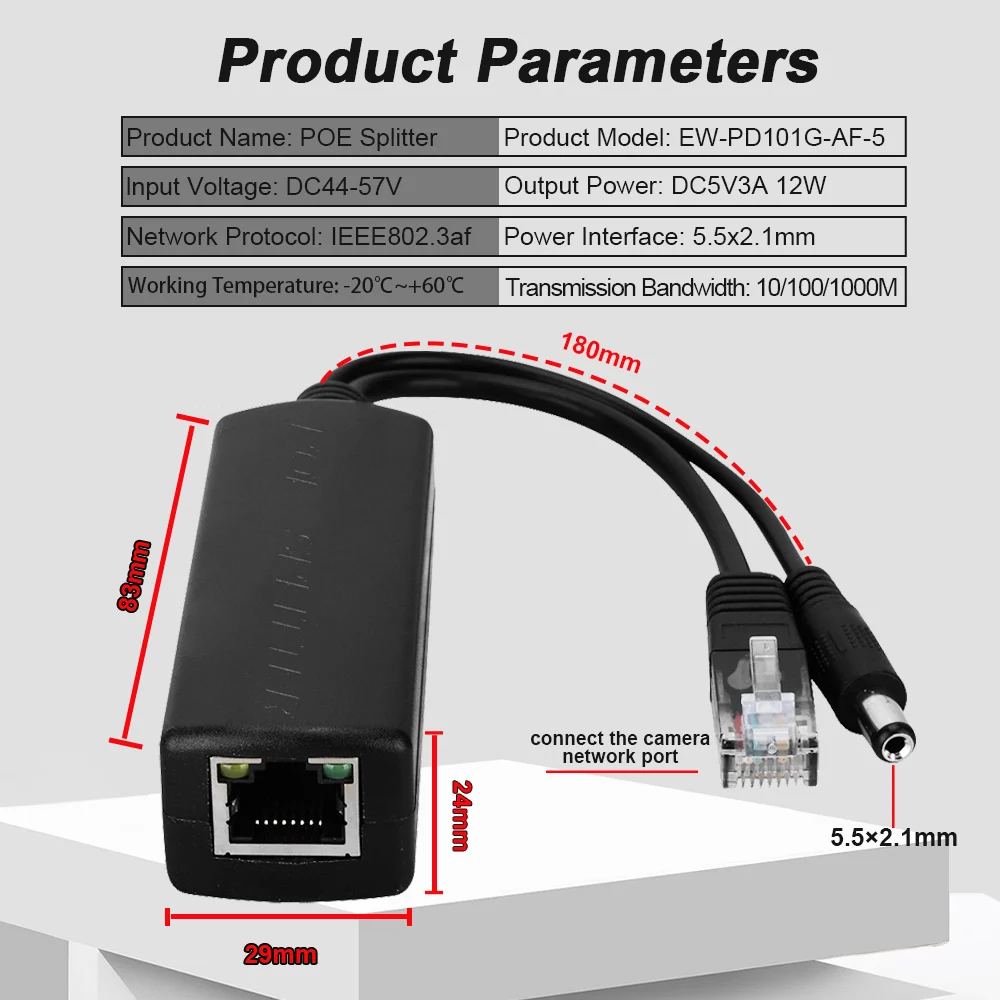 POE Splitter 10/100/1000Mbps Ethernet Splitter IEEE802.3af 44-57V To 5V 2.4A Power Supply for Non-POE Camera or Non-POE Device