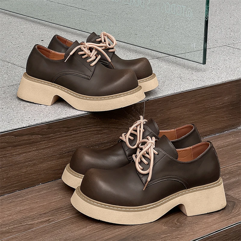 Fashionable Men Large-headed Derby Shoes Casual High-end Thick-soled Height-increasing Leather Shoes British-style Casual Shoes