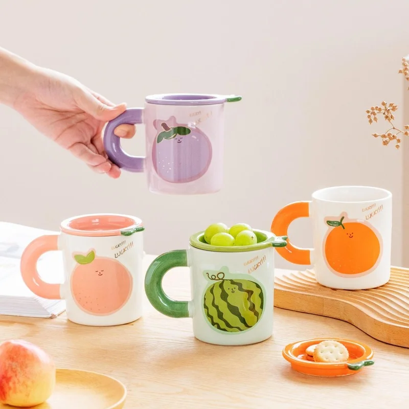 

Fruit Mug Niche Creative Ceramic Cups Male and Female Students Cute Drinking Oatmeal Cups Coffee Milk Tea Cups with Lid Handle