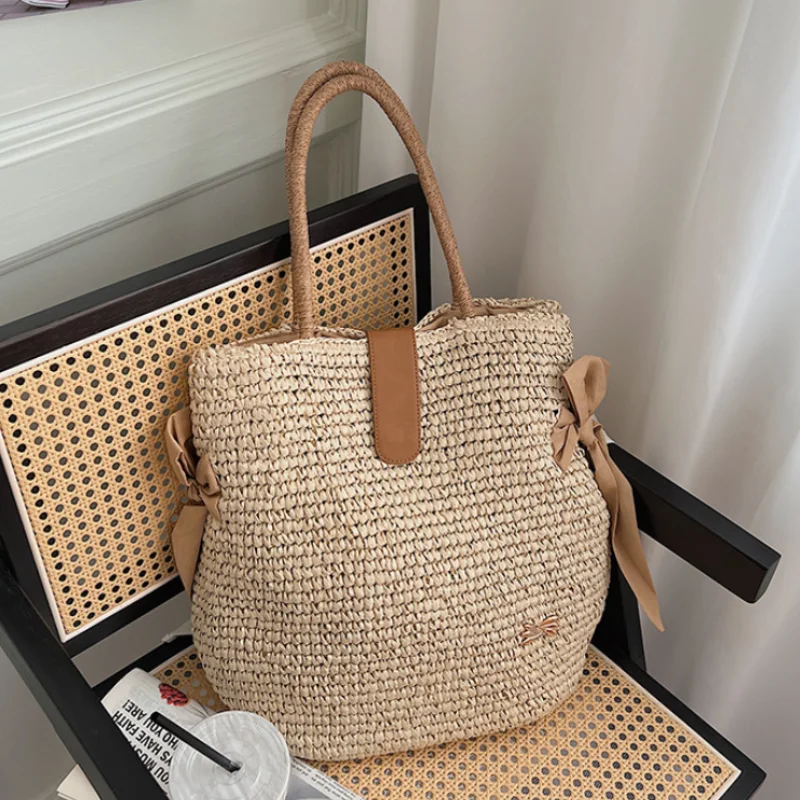 

Женская сумка на плечо ручной работы с милым бантом, вместительная пляжная сумка для отпуска, простая повседневная универсальная однотонная сумка-тоут