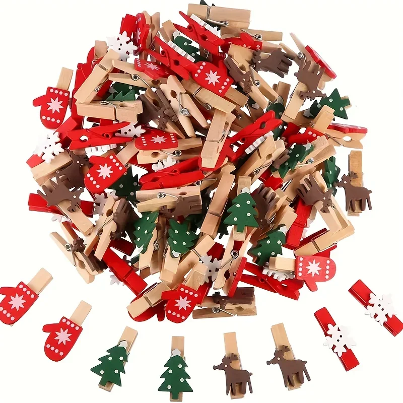 10Pcs Mixed Styles Christmas Wood Clips Christmas Tree Photo Clips Elk Gloves Snowflake Clothespins Diy Images Pegs for New Year