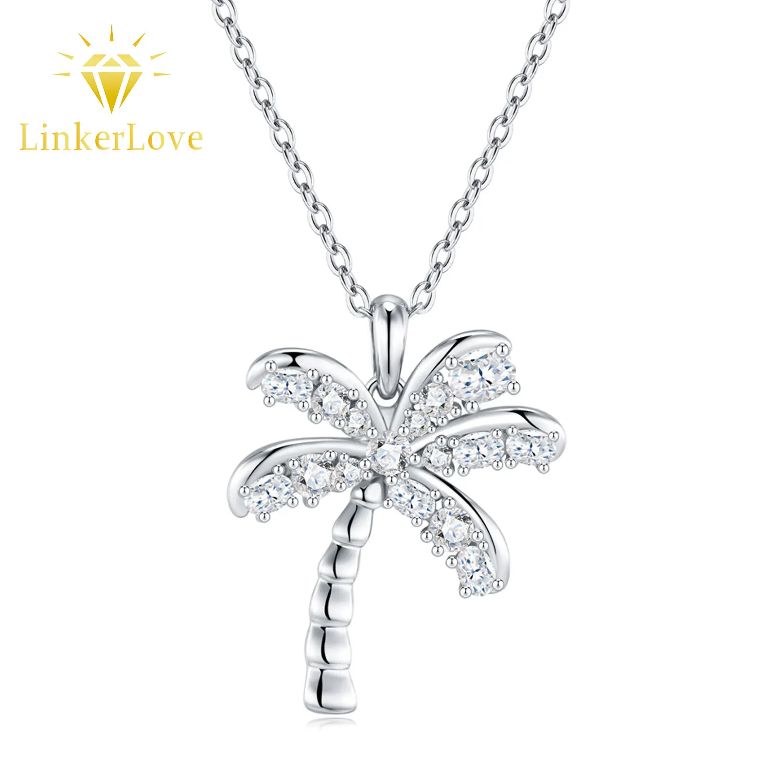 LinkerLove S925 Silver Moissanite Palm Tree Pendant Necklace for Women Tropical Coconut Tree Necklace Fine Jewelry Vacation Gift
