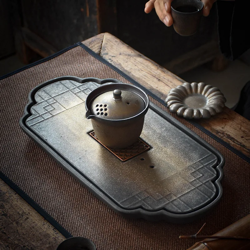 Kiln Change Gold Dry Bubble Tea Tray Water Storage Zen Japanese Simple Ceramic Tea Tray Minimalist Draining Tea Table Tray