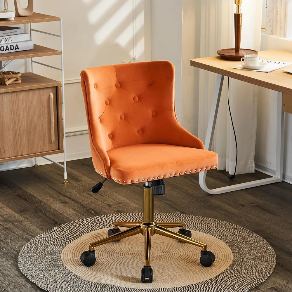 Orange Velvet Armless Home Office Desk Chair with Gold Base/Wheels, Small Cute Vanity/Makeup Chair with Back for Bedroom,