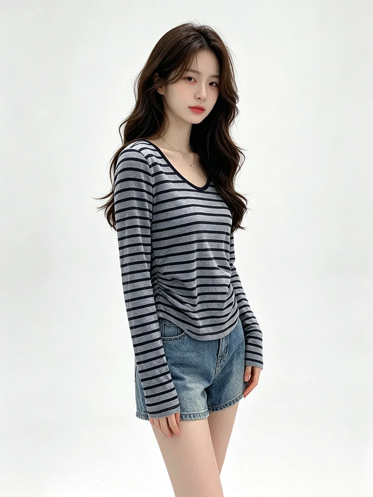 

Slim Fit Striped V-Neck Long Sleeve T-Shirt Women's Summer New Style Cotton Blend Comfortable Casual Top Korean Style