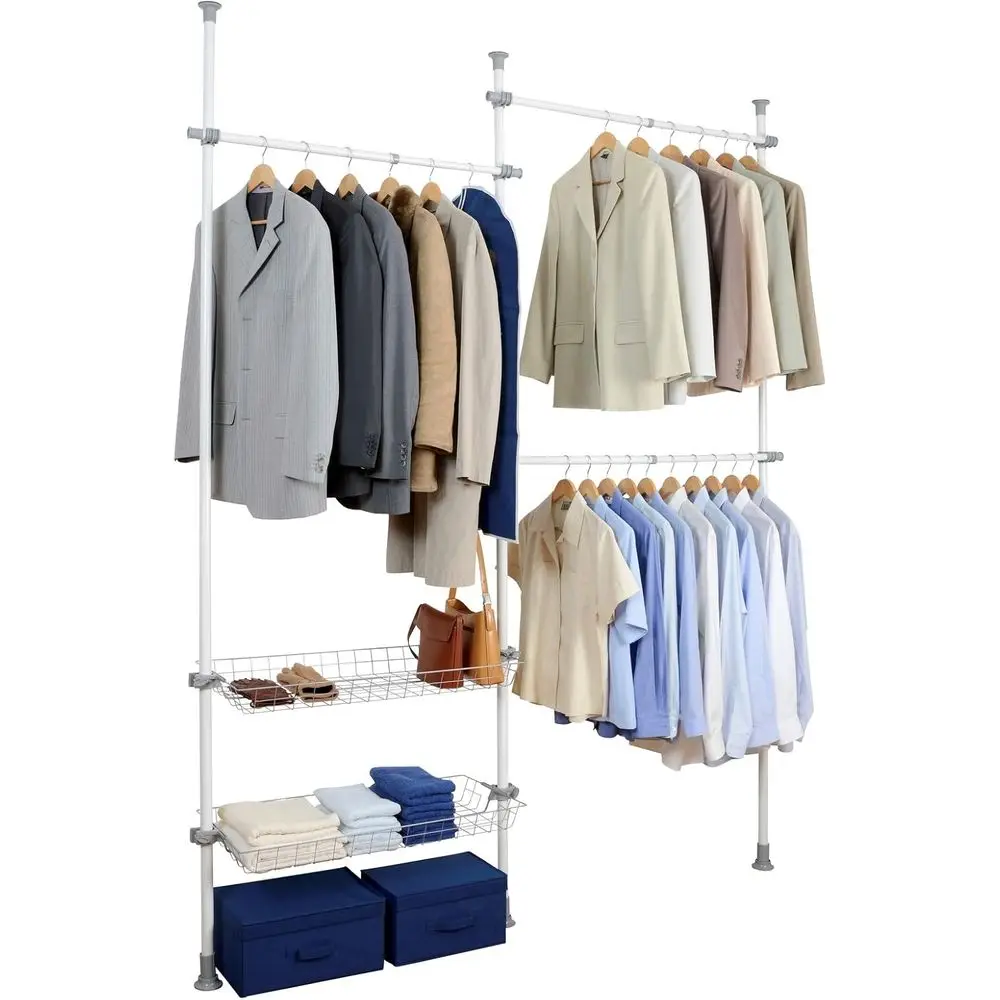 

Versatile White Steel Clothes Rack, Adjustable 64.6-84.7 H x 65-118.1 W x 15 D