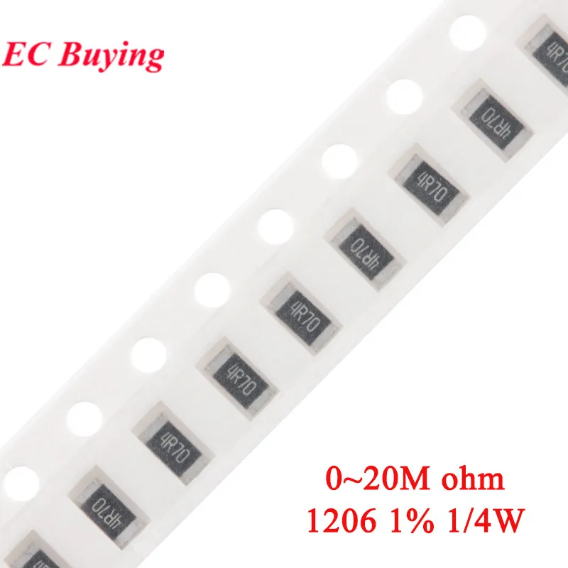100szt 1206 Rezystor SMD 1% 1/4W 0.01R~20M 0.01 0.3 0.47 0.91 1.5 5.1 9.1 10 30 56 68 100 820R 1.2K 5.1K 75K 910K 3.3M 10M 20M