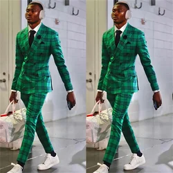 Fashion Green Plaid Men Suits For Wedding Formal Slim Fit 2 Pcs (Blazer+Pants) Double Breasted Tuxedo Prom Evening Custom Made