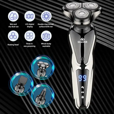 3 In 1 Electric Shaver For Men 6D Floating Triple Blade Razor Whole Body Washable Wet Dry Use LCD Digital Display Rechargeable Beard Trimmer Nose Hair Trimmer