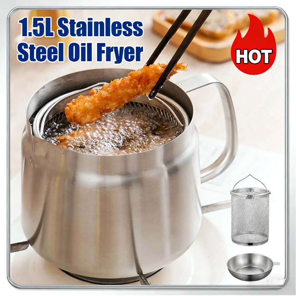 Sartén Profunda de 1.5L con Filtro de Aceite, Acero Inoxidable 304, Antiadherente, Multifuncional para Freír, Hervir, Guisar y Preparar Bocadillos