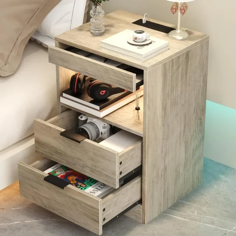 Nightstand with 2 Drawers and Lights, End Table with Charging Station, Modern Bedside Table with One Pull-Out Shelf