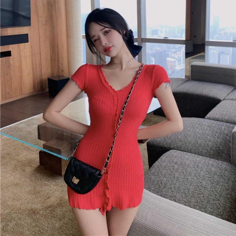 Short Sleeve Dresses Women Slim V-neck Button Mini Solid Summer New High Waist Sexy Sweet Holiday Korean Style Chic Club Hot Ins