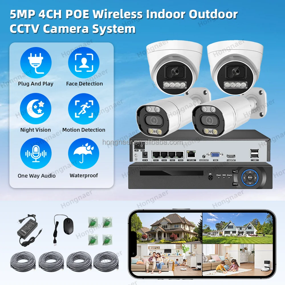 

Hongnaer 5MP 4CH Video Indoor Outdoor NVR POE IP Home Video Surveil Security Camera Set Kit System Wireless CCTV Camera System