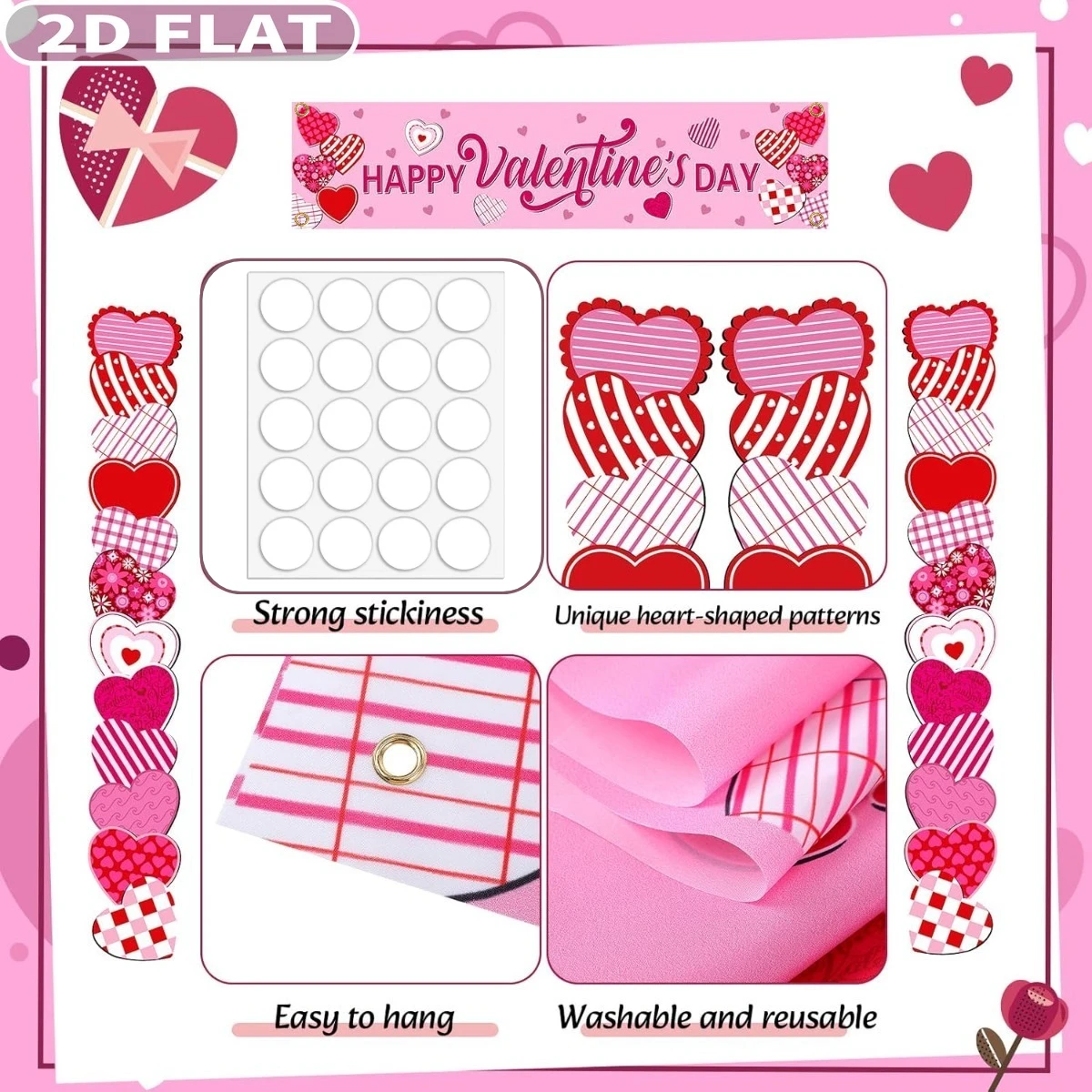 3pcs Valentine‘s Day Party Door Banner, Polyester Heart Banner 71x12Inch&12x19Inch Happy Valentines Front Door Hanging Decor