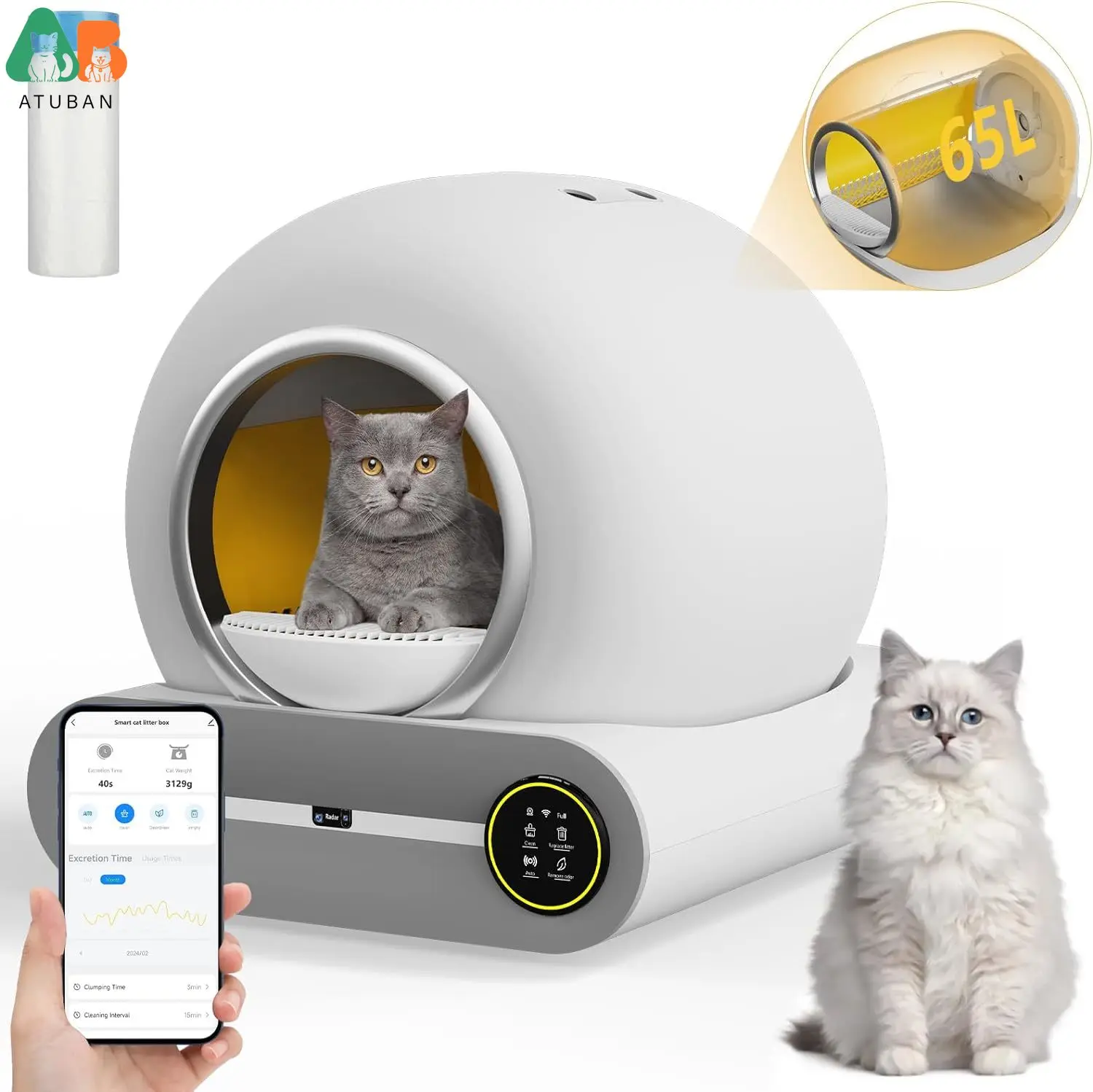 ATUBAN Smart Self-Cleaning Litter Box-65L+9L Capacity,App Control,Mess-Free Design for Multiple Cats,Revolutionize Your Cats