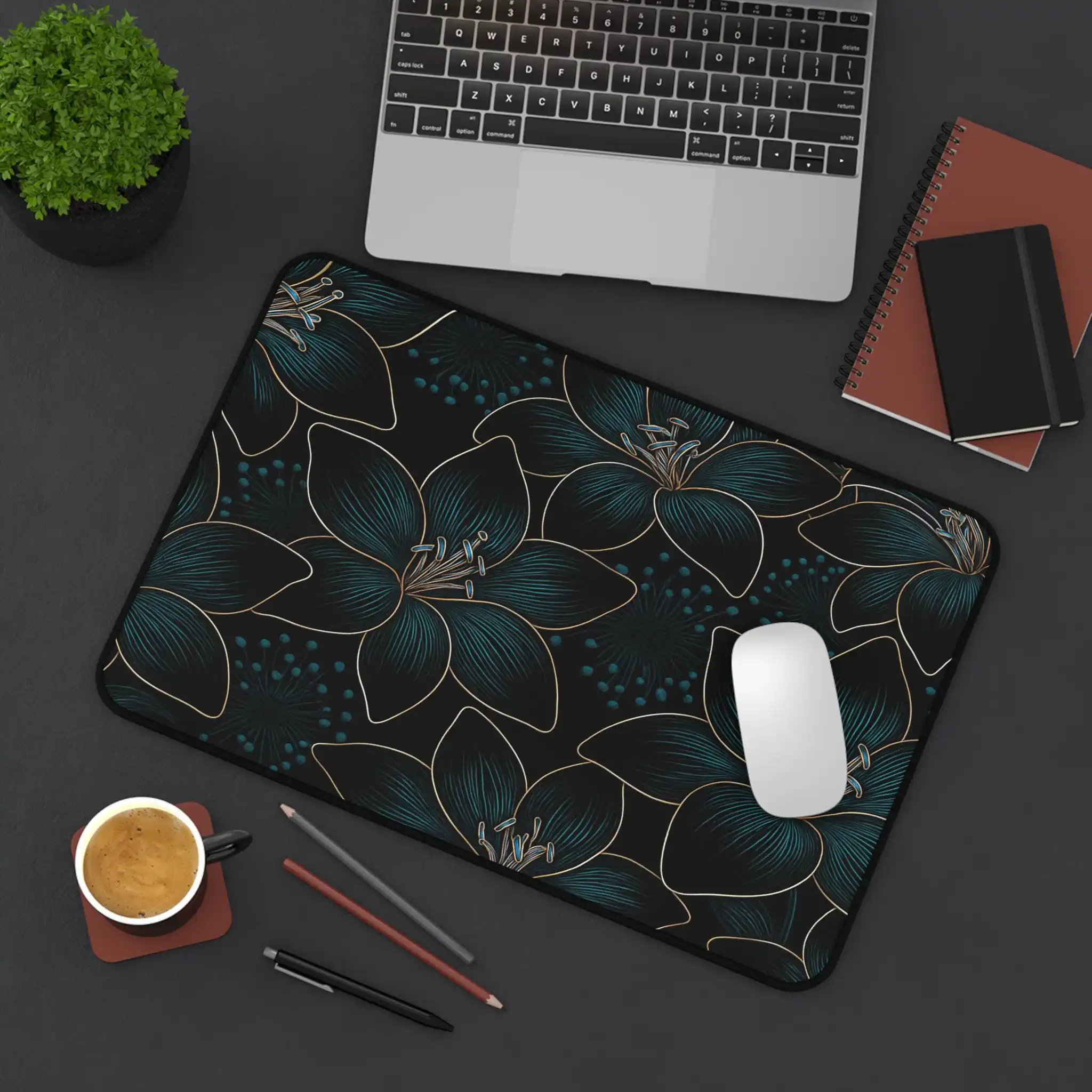 Dark Floral Pattern Blue-green Black and Gold Outlined Placemat, Artistic Style Plant Desk Mousepad,natural Aesthetic Home Decor