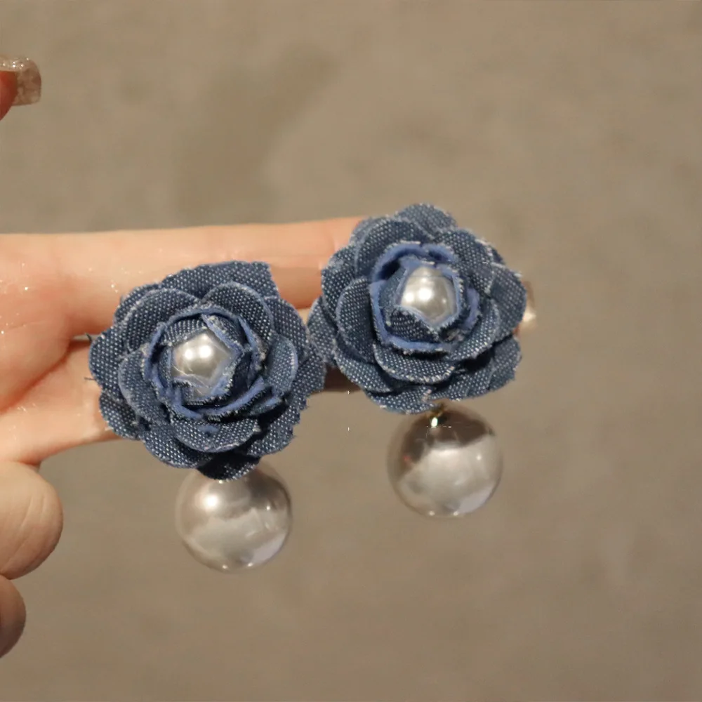 Trendy Denim Blue Fabric Pearl Flower Stud Earrings for Women Sweet Rose Earrings Versatile Wedding Party Jewelry Gifts - Image 6