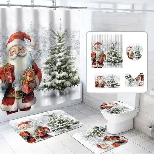 4pcs/set Christmas Shower Curtain Set Bathroom Rugs Toilet Lid Cover Bath Mat Santa Claus Countdown Xmas Shower Curtain W24-819