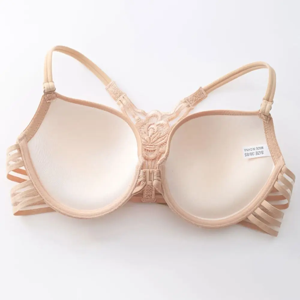 Doce botão frontal sutiã de renda feminino linda volta flor sem costura sutiã íntimo roupa interior sem fio profundo v sutiã verão