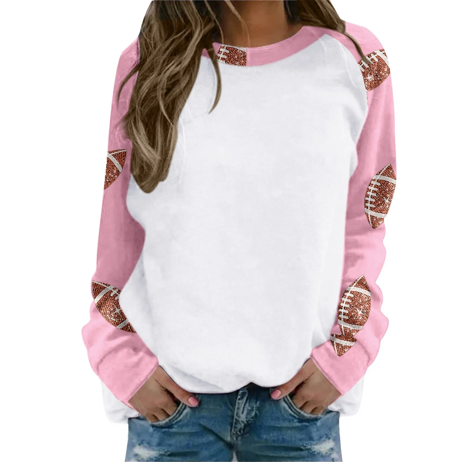 

Ladies Hoodless Round Neck Shoulder Sleeve Printing Pullover Tops Long Sleeve Splicing Loose Sweatshirt Casual Hoodies