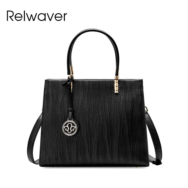 

Relwaver strip pattern cow leather handbag genuine leather tote bag 2024 winter versatile big party hand bag shoulder crossbody